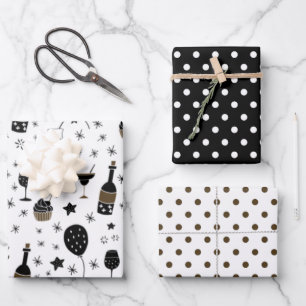 Hoja De Papel De Regalo Artisy Cocktails Stars Polka Dot Gold Black white