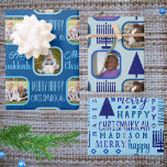 Hoja De Papel De Regalo Asesoramiento de la Marina Interfaith Chrismukkah<br><div class="desc">Añada esta variedad de hojas de regalo personalizado con sus fotos y un tema de diseño de Menorahs azul marino oscuro y árboles de Navidad para una celebración interreligiosa personalizada de Chrismukkah. La hoja de papel de envolvimiento Uno se coloca sobre un fondo azul profundo con texto tipográfico azul claro...</div>
