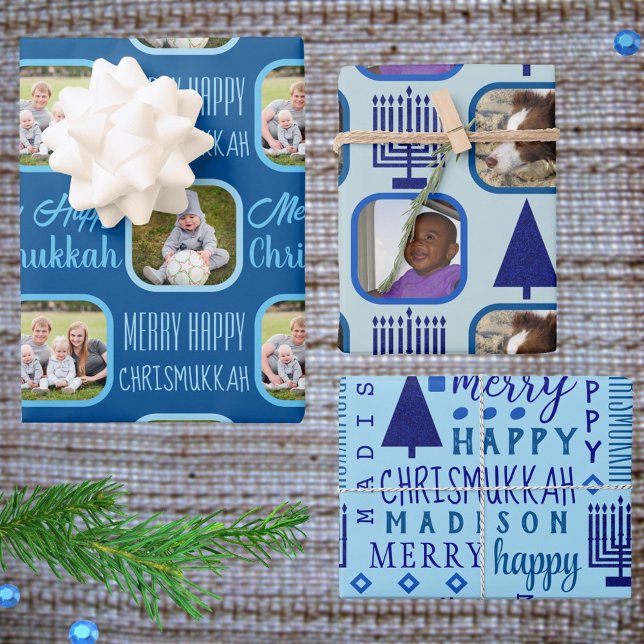 Hoja De Papel De Regalo Asesoramiento de la Marina Interfaith Chrismukkah (Add your photos and child's name to this fun personalized interfaith holiday wrapping paper)