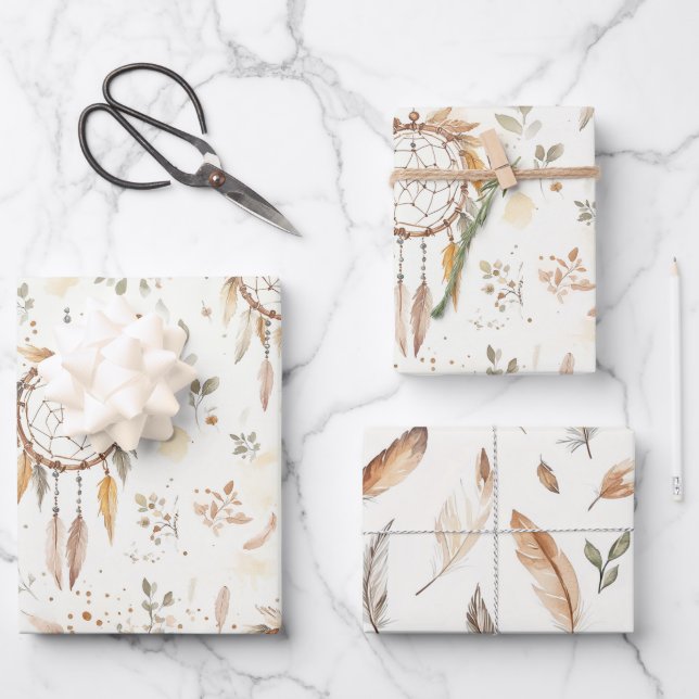 Hoja De Papel De Regalo Atrapasueños Plumas Cumpleaños (Anverso)