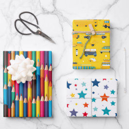 Hoja De Papel De Regalo Autobús Escolar Lápiz de Color Estrellas Coloridas