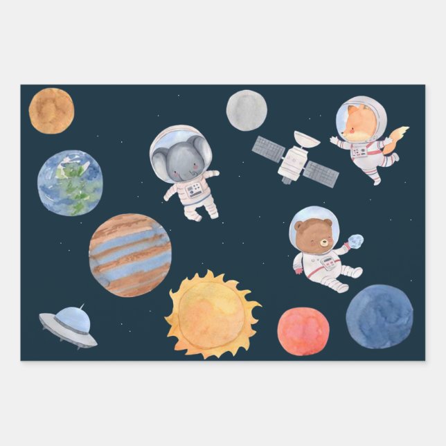 Hoja De Papel De Regalo Aventura espacial: astronautas de planetas y anima (Anverso)