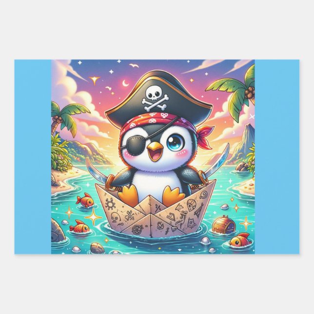 Hoja De Papel De Regalo Aventura pirata de pingüino (Anverso)