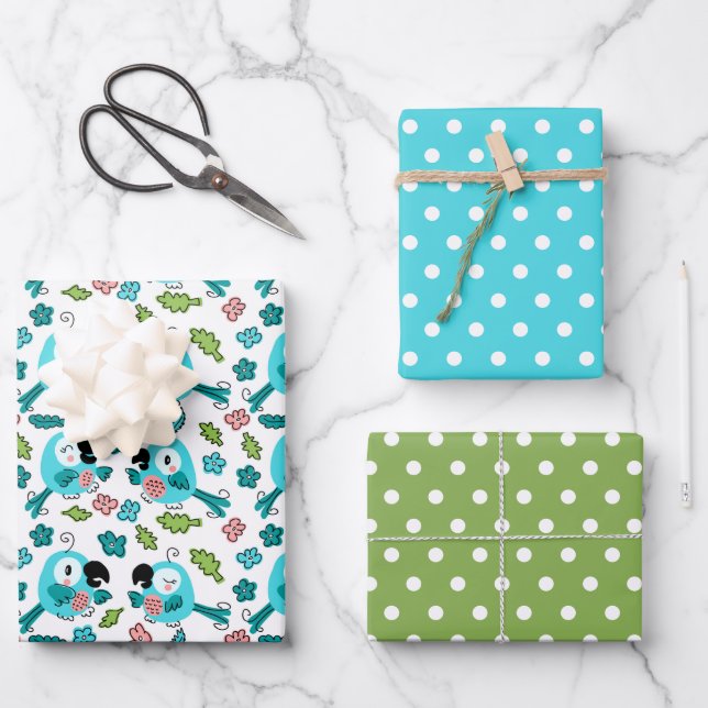 Hoja De Papel De Regalo Aves azules y flores (Anverso)