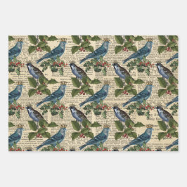 Hoja De Papel De Regalo Aves azules y Navidades Holly Berries