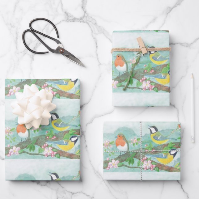 Hoja De Papel De Regalo Aves cantando en una rama de árbol floreciente (Anverso)