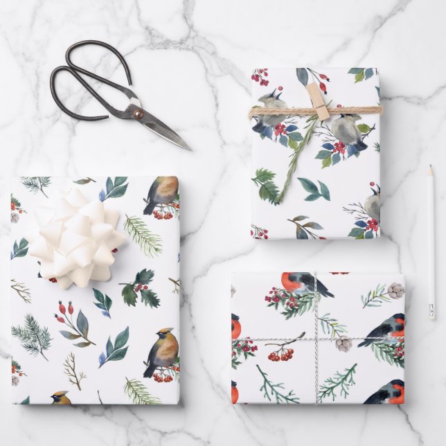 Hoja De Papel De Regalo Aves De Invierno Alimentándose Con Navidades De La (Anverso)