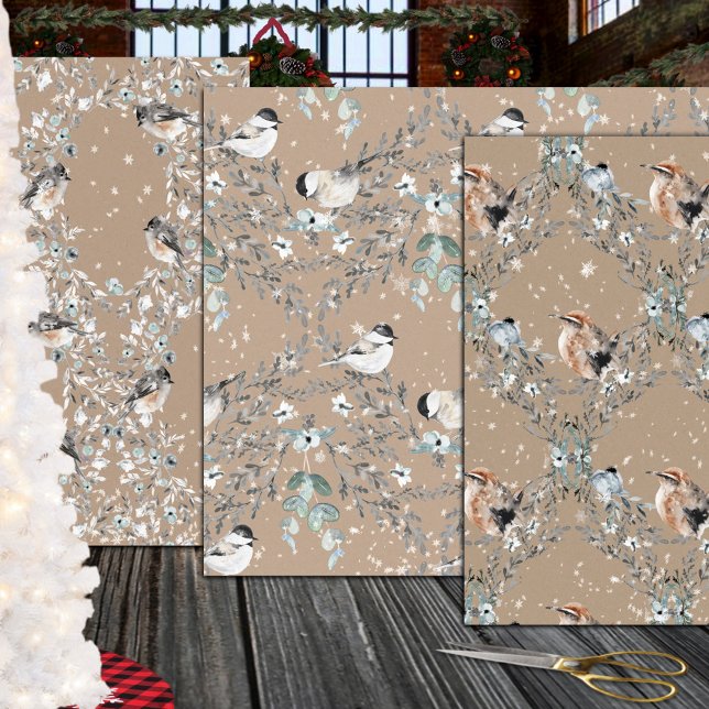 Hoja De Papel De Regalo Aves de invierno de Kraft sinuoso nidificando (Rustic Kraft Snowy Dusty Blue Winter Birds Nesting Christmas Holiday Gift Wrapping Paper Sheets Trio)