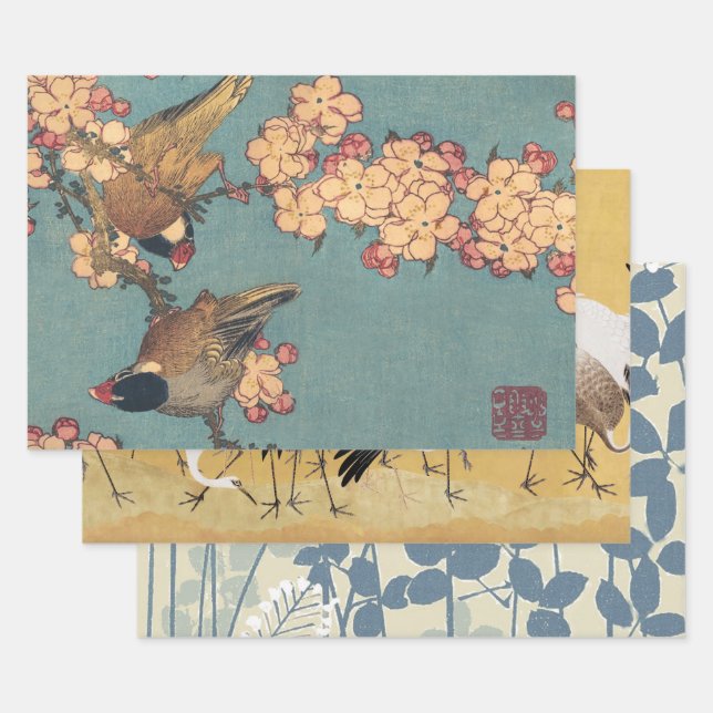 Hoja De Papel De Regalo Aves flores Hokusai Arte Japonés (Set)