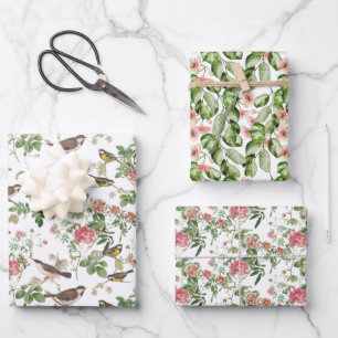Hoja De Papel De Regalo Aves, flores y follaje frondosos