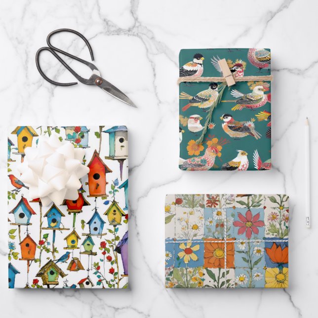 Hoja De Papel De Regalo Aves Patchwork floral y casas de aves (Anverso)