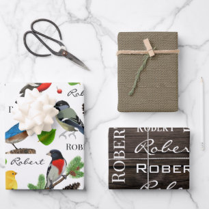 Hoja De Papel De Regalo Aves personalizadas, madera y arpillera