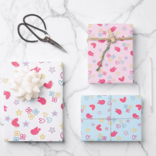 Hoja De Papel De Regalo Aves rosadas y corazones de amor