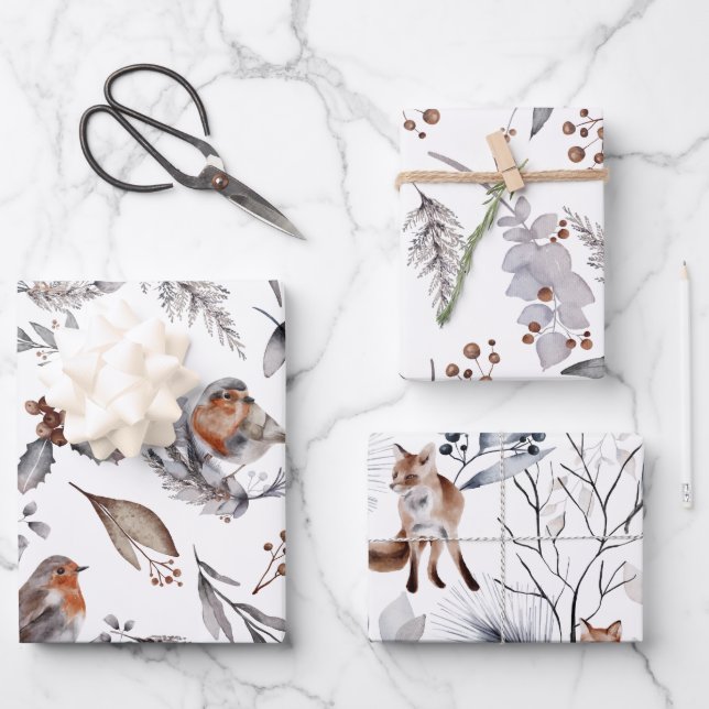 Hoja De Papel De Regalo Aves silvestres de invierno Fox deja el botánico (Anverso)