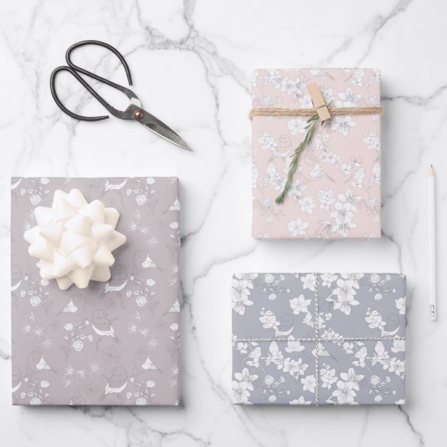 Hoja De Papel De Regalo Aves y flores pasteles (Anverso)