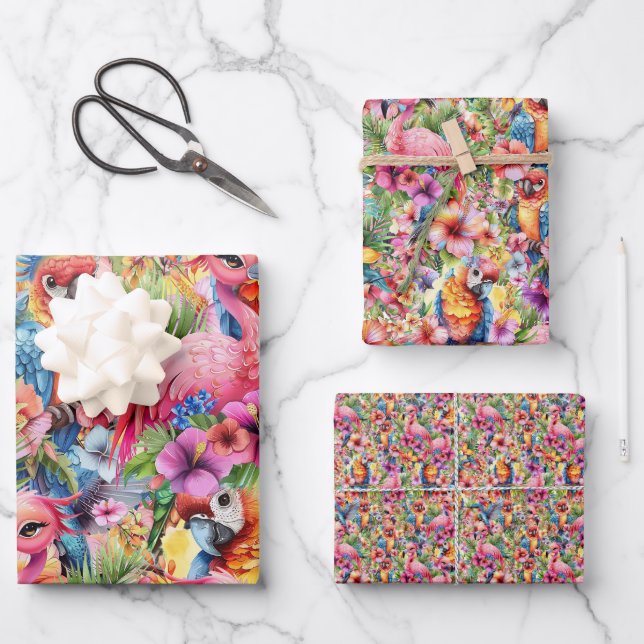 Hoja De Papel De Regalo Aves y flores tropicales (Anverso)