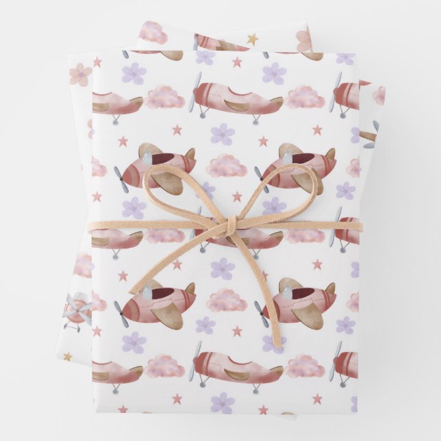 Hoja De Papel De Regalo Avión Rosa Acuarela (In situ)