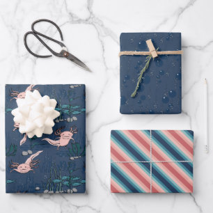 Hoja De Papel De Regalo Axolotl mexicano rosa y azul marino