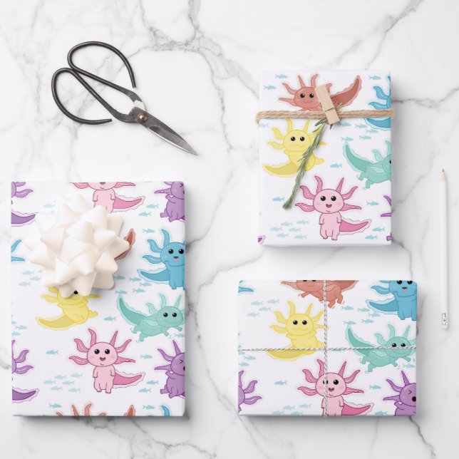 Hoja De Papel De Regalo Axolotl Niños Cute Patrón Salamander (Anverso)
