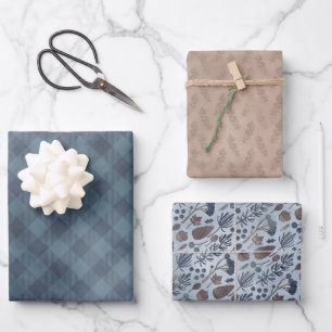 Hoja De Papel De Regalo Azul acogedor y envoltorio de hogar y piñas de cua