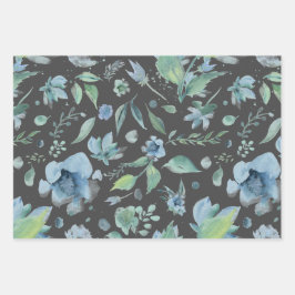 Hoja De Papel De Regalo Azul acuarela sobre trío floral gris