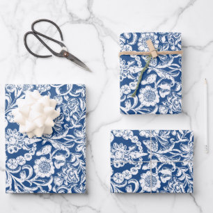 Hoja De Papel De Regalo Azul blanco floral antiguo