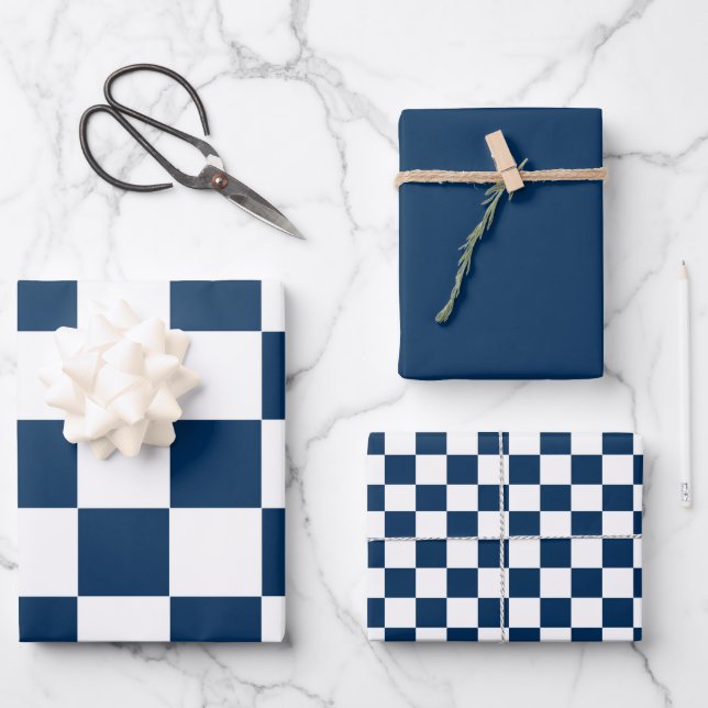 Hoja De Papel De Regalo Azul Blanco Moderno a Cuadros (Anverso)