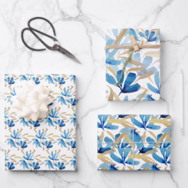 Hoja De Papel De Regalo Azul Claro Y Acuarela Oro Pintado A Mano