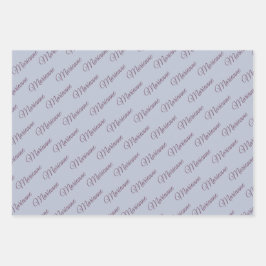 Hoja De Papel De Regalo Azul con texto de ciruela.