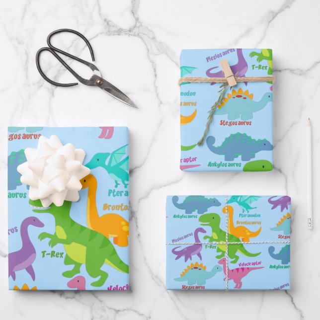 Hoja De Papel De Regalo Azul de dinosaurio cutáneo (Anverso)