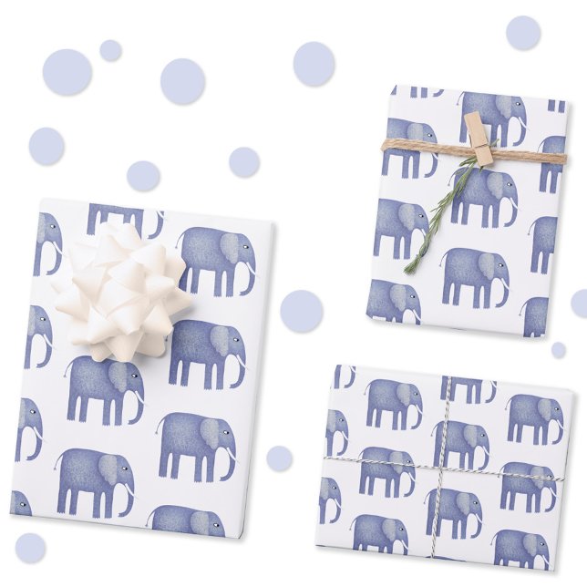 Hoja De Papel De Regalo Azul elefante acuático (Blue watercolor elephant gift wrap paper sheets)