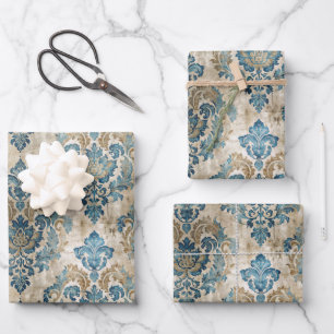 Hoja De Papel De Regalo Azul elegante vintage beige azul