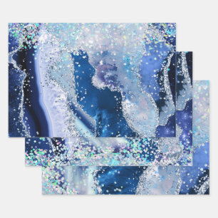 Hoja De Papel De Regalo Azul Glamuroso y Falso Brillo de Ágata Plateado