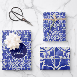 Hoja De Papel De Regalo Azul Gris Chic Monograma Iniciales Apellido