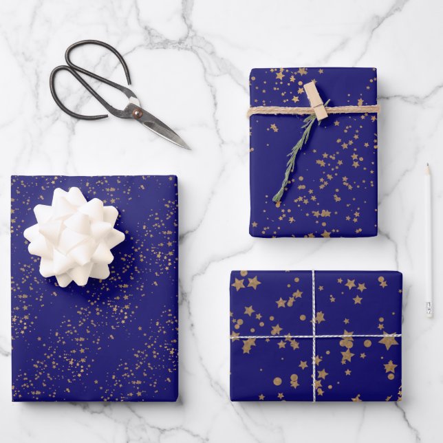 Hoja De Papel De Regalo Azul marino con estrellas de oro doble cumpleaños (Anverso)
