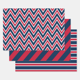 Hoja De Papel De Regalo Azul Marino, Rojo y Patrón de Chevron y Franjas Bl