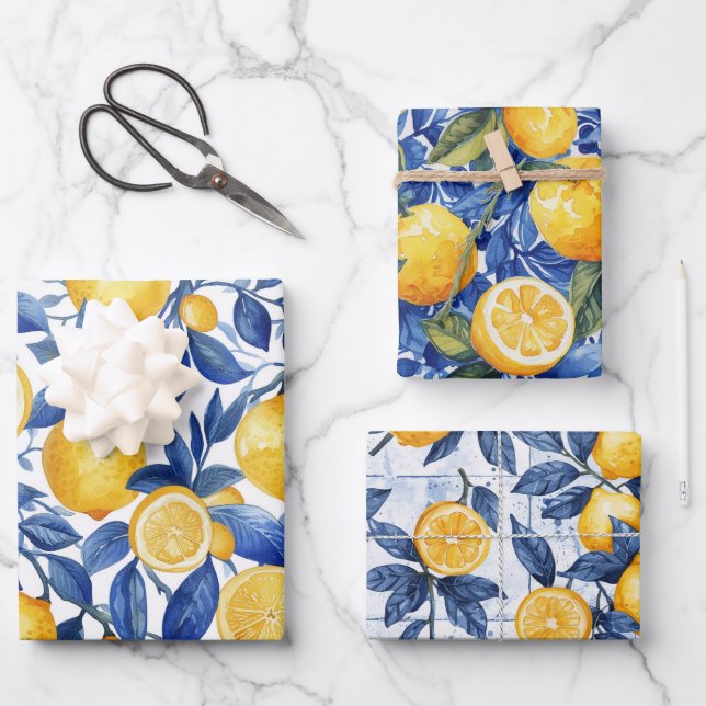Hoja De Papel De Regalo Azul negrita Italia Positano Lemon (Anverso)