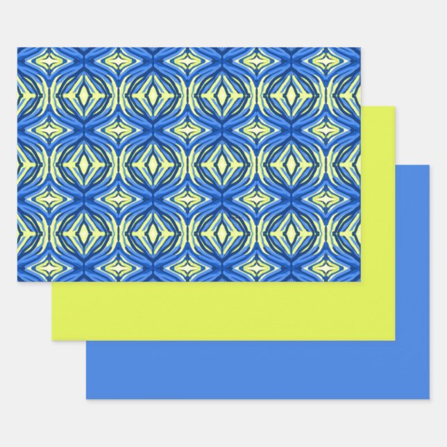Hoja De Papel De Regalo Azul ondulado y Kaleidoscopio amarillo (Set)