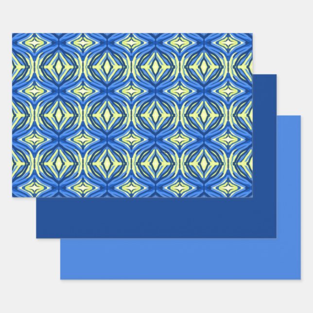 Hoja De Papel De Regalo Azul ondulado y Kaleidoscopio amarillo (Set)