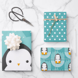 Hoja De Papel De Regalo Azul Personalizado de invierno pingüino lindo