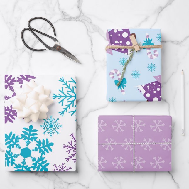 HOJA DE PAPEL DE REGALO AZUL PURPLE HOLIDAY SNOWFLAKES ÁRBOLES (Anverso)