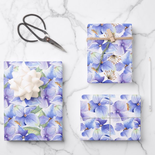Hoja De Papel De Regalo Azul púrpura Hydrangea Flores Primavera Ducha Brid (Anverso)