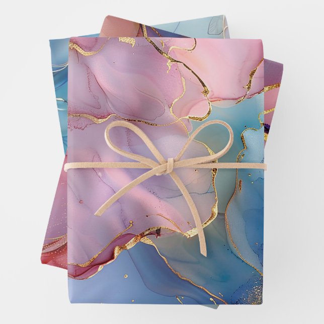 Hoja De Papel De Regalo Azul rosa de oro de mármol floral (In situ)