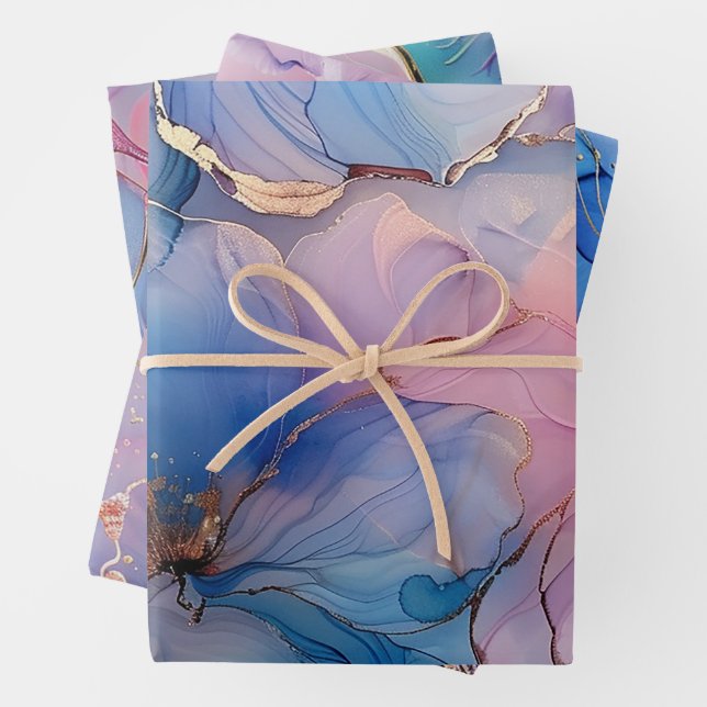 Hoja De Papel De Regalo Azul rosa de oro de mármol floral (In situ)