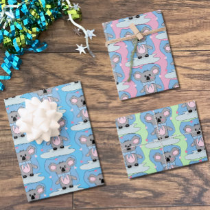 Hoja De Papel De Regalo Azul, rosa y verde Baby Shower Koala Giftwrap