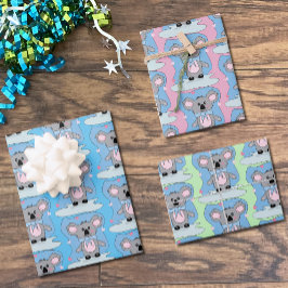 Hoja De Papel De Regalo Azul, rosa y verde Baby Shower Koala Giftwrap