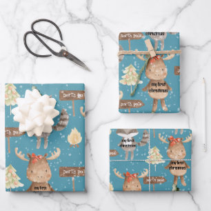Hoja De Papel De Regalo Azul Rústico Bebé Primera Navidad Animales Agregar