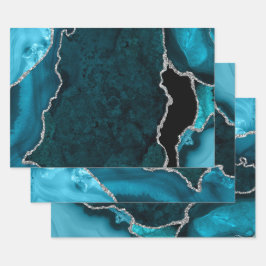 Hoja De Papel De Regalo Azul Turquesa y Agata Falsa Brillante de Plata