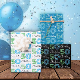 Hoja De Papel De Regalo Azul verde 50 cumpleaños