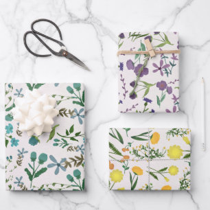 Hoja De Papel De Regalo Azul Verde Púrpura Naranja Amarillo Acuarela Flora